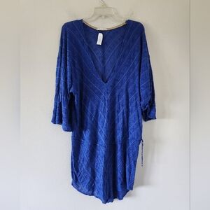 VITAMIN A | Summer Dress Beach Tunic V-neck Blue Gold Sz LARGE